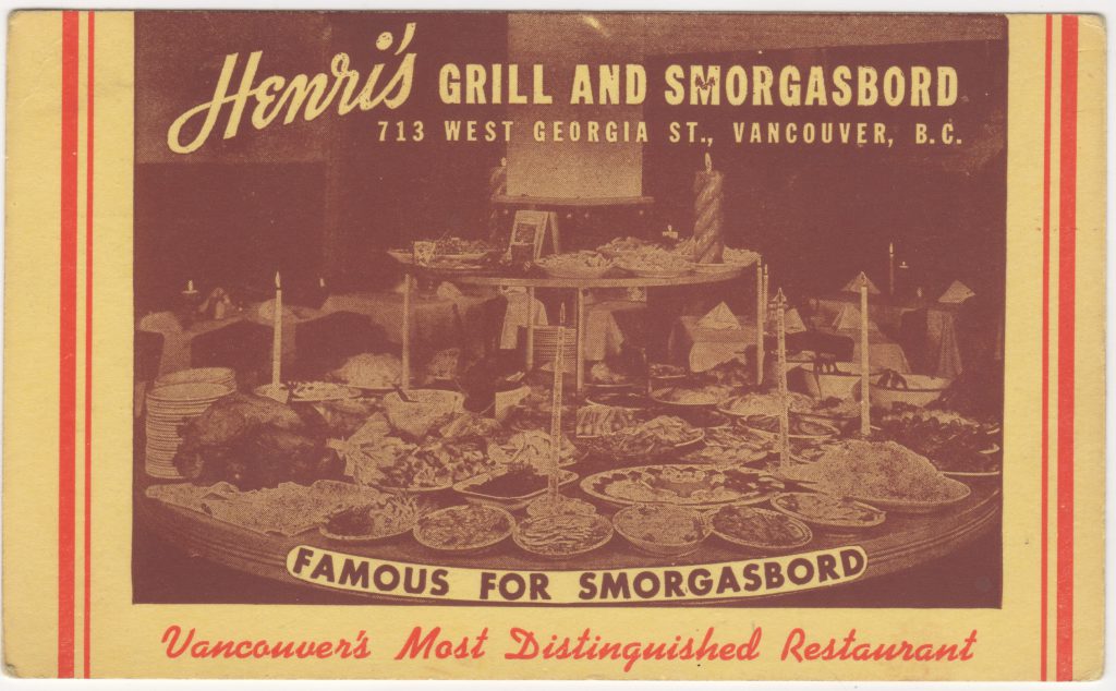 Restaurant Henri's Grill and Smorgasbord, rue Georgia ouest, Vancouver; ca. années 1950 (SHFCB 2016.02.80)